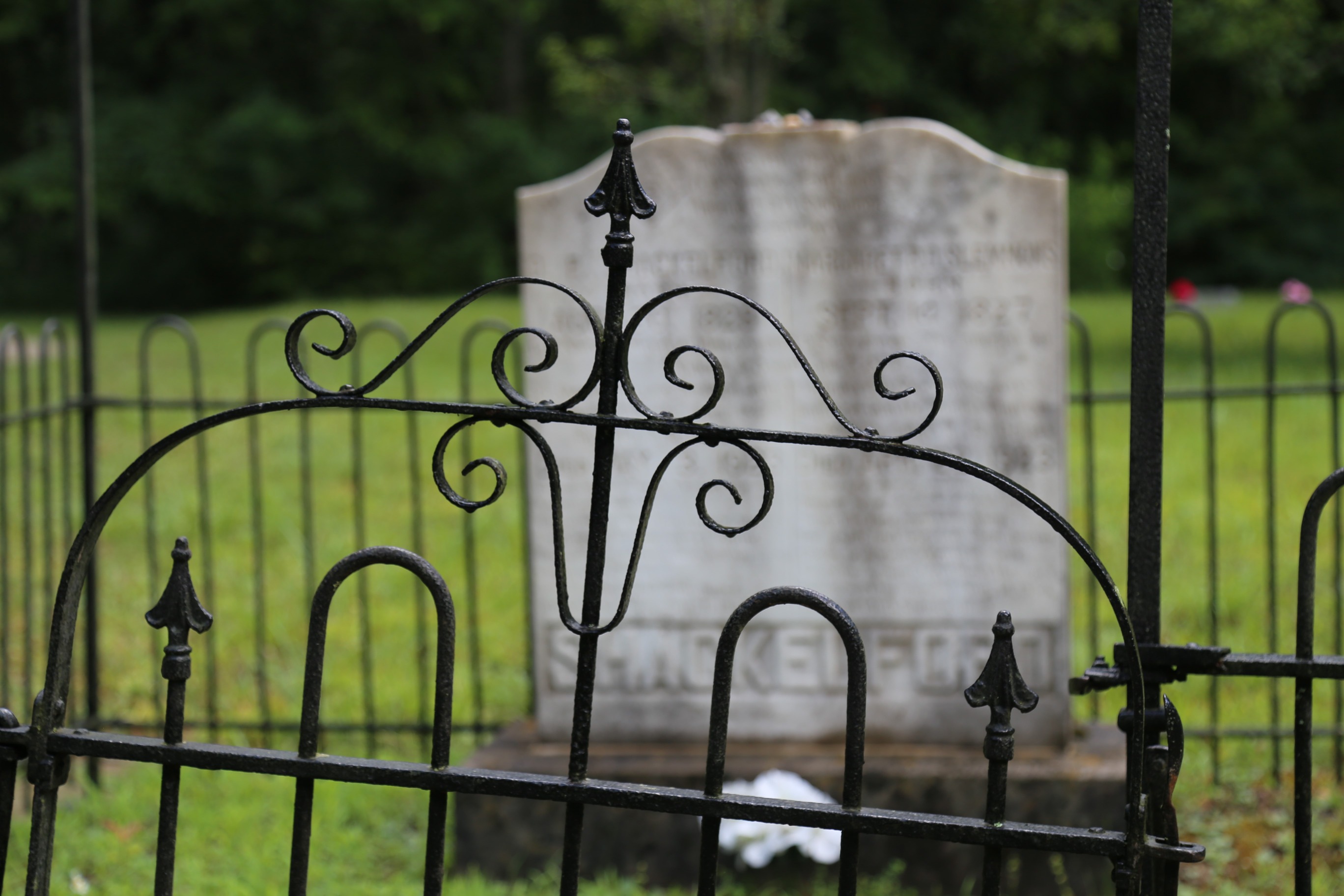 A wrought iron fence a round a grave site. 