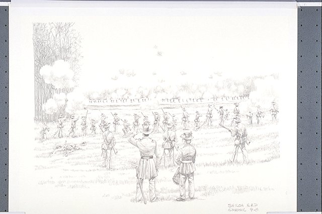 Scene depicts the start of the Battle of Shiloh on April 6, 1862 in Fraley Field when Maj. James E. Powell's Union reconnaissance patrol encountered Maj. Aaron B. Hardcastle's Confederate pickets of the 3rd Mississippi Infantry Battalion.