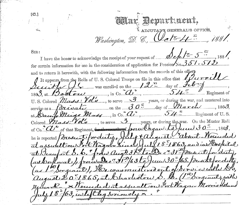 Front page of a pension record containing information about Burrill Smith Jr.