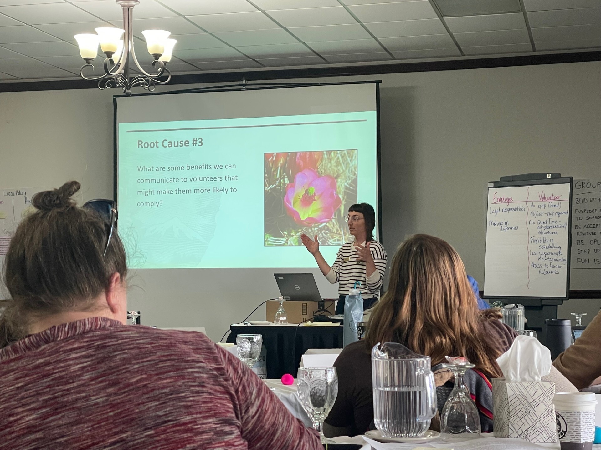 A woman presents a training session to a class in a room. She stands in front of a projector screen with a flower and text on it and gestures with her hands. 