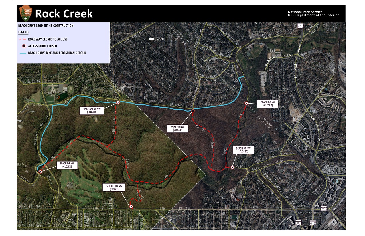 Description of pedestrian detour for segment 4 of work on Beach Drive in Rock Creek Park.  Take the trail near Oregon Avenue to the trail near Military.