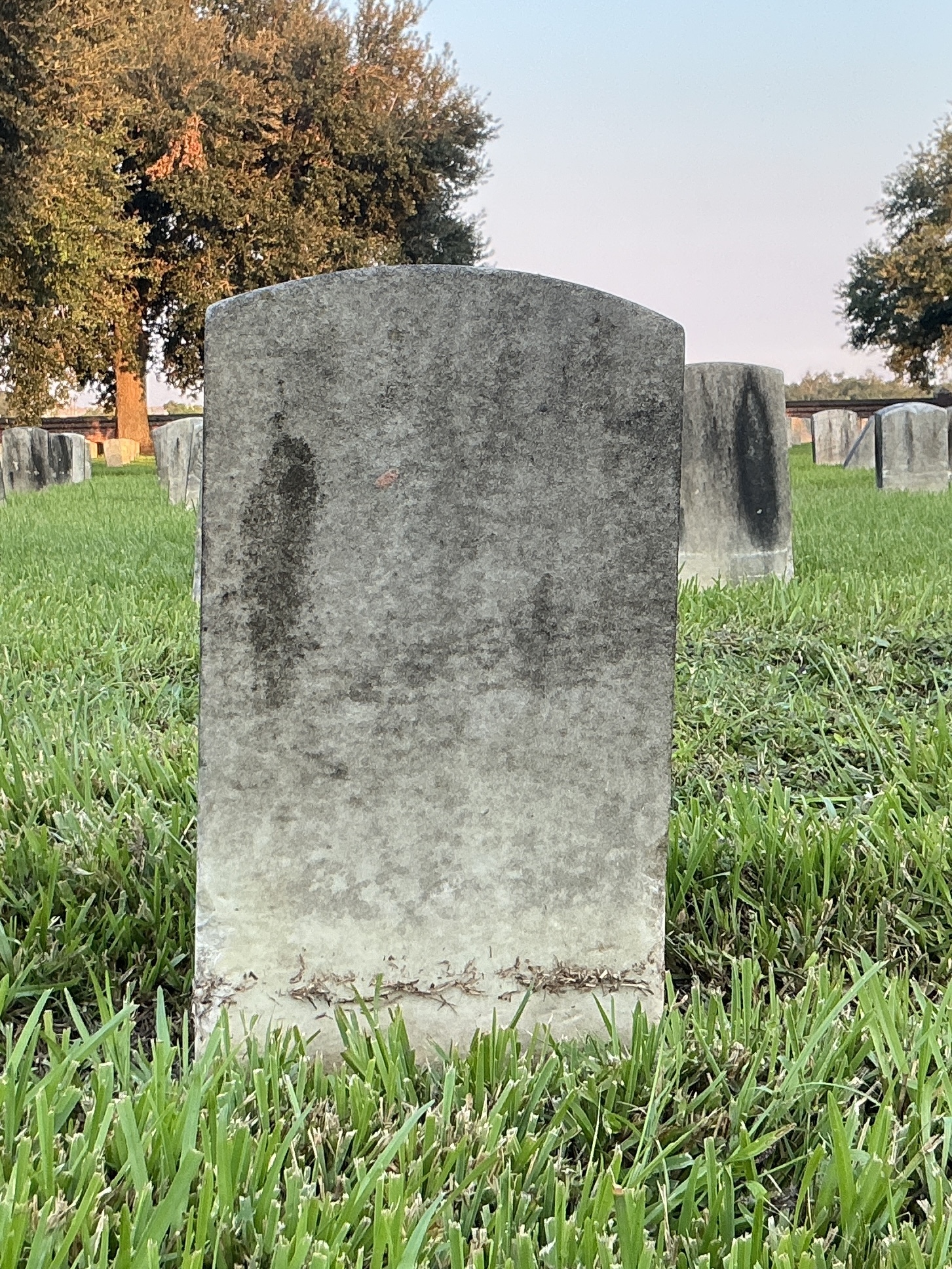 Back of historic upright marble headstone with recessed shield face.
