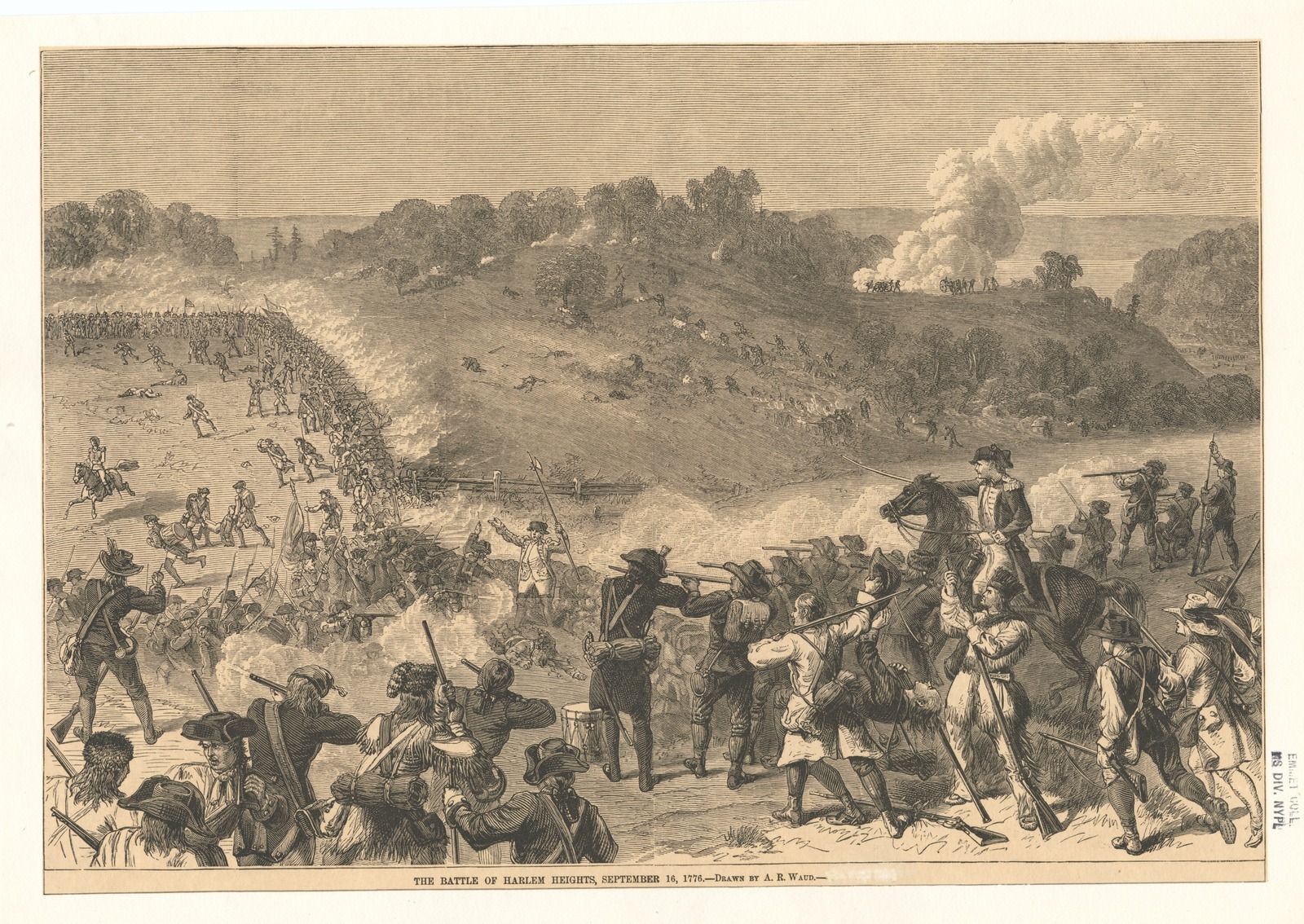 Black and white drawing of men engaged in battle with muskets. A man on a horse is in the lower right corner. Hills and smoke, with smaller figures, are featured in the background.