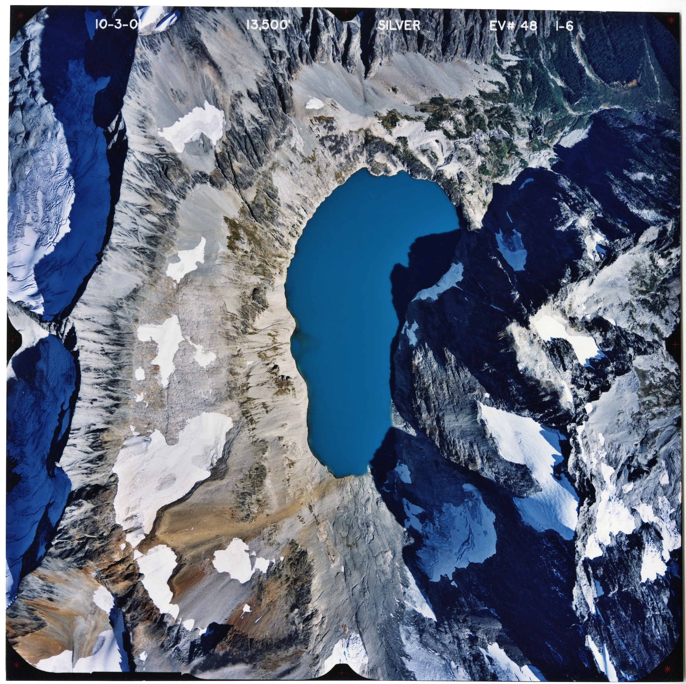 Color aerial photograph of glacier and snowfields on mountain peak with forested valleys below.