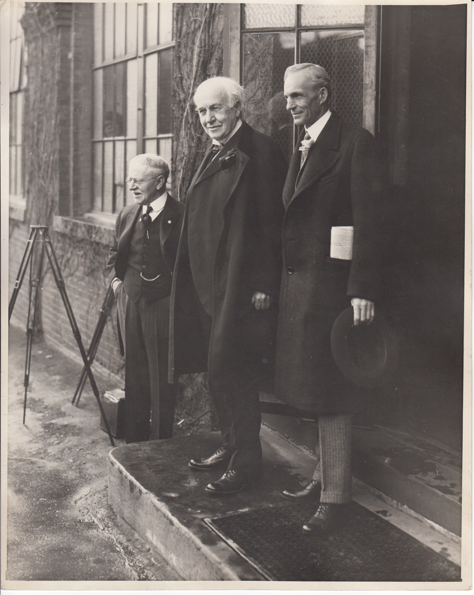 William H. Meadowcroft, Thomas Edison, and Henry Ford at the door to Building 5 at Edison's West Orange Laboratory.