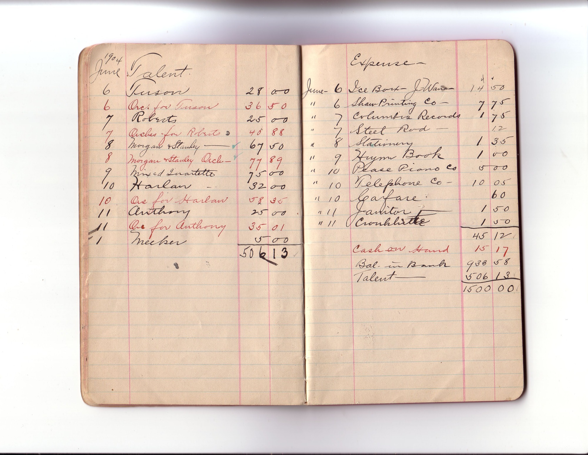 Thomas Edison's New York City Recording Studio Cash Book 01 (of 21), Image 12 (of 41).