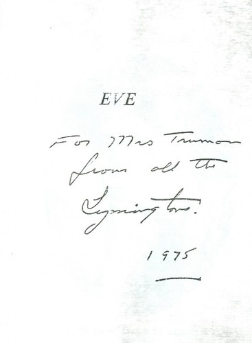 Photocopy of half-title page of Eve, inscribed by James W. Symington. (HSTR catalog #6140)