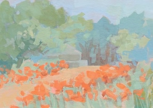 A painting of day lilies lining a road with trees around them 