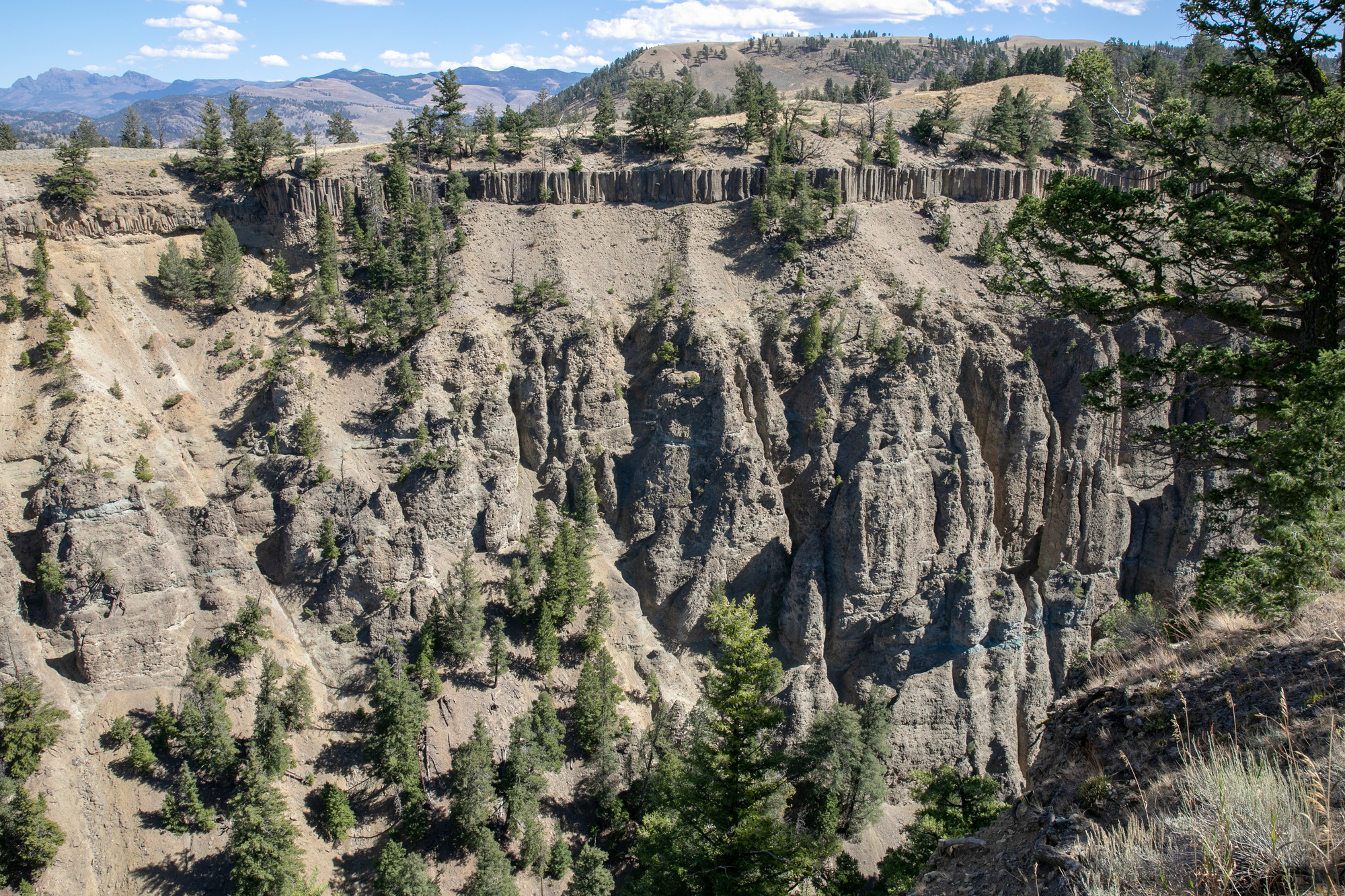 Looking into a canyon lined with rock pinnacles on the bottom and a layer of  columnar basalt near the top.