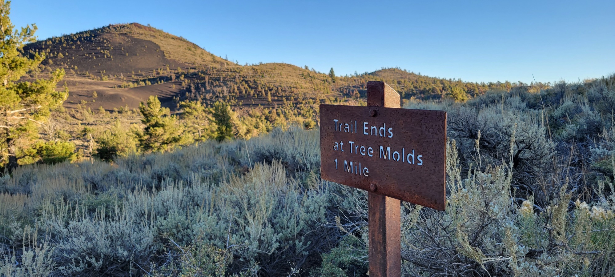a brown sign with the text "trail ends at tree molds, 1 mile" with sagebrush, pine trees, and a large cinder cone in the background
