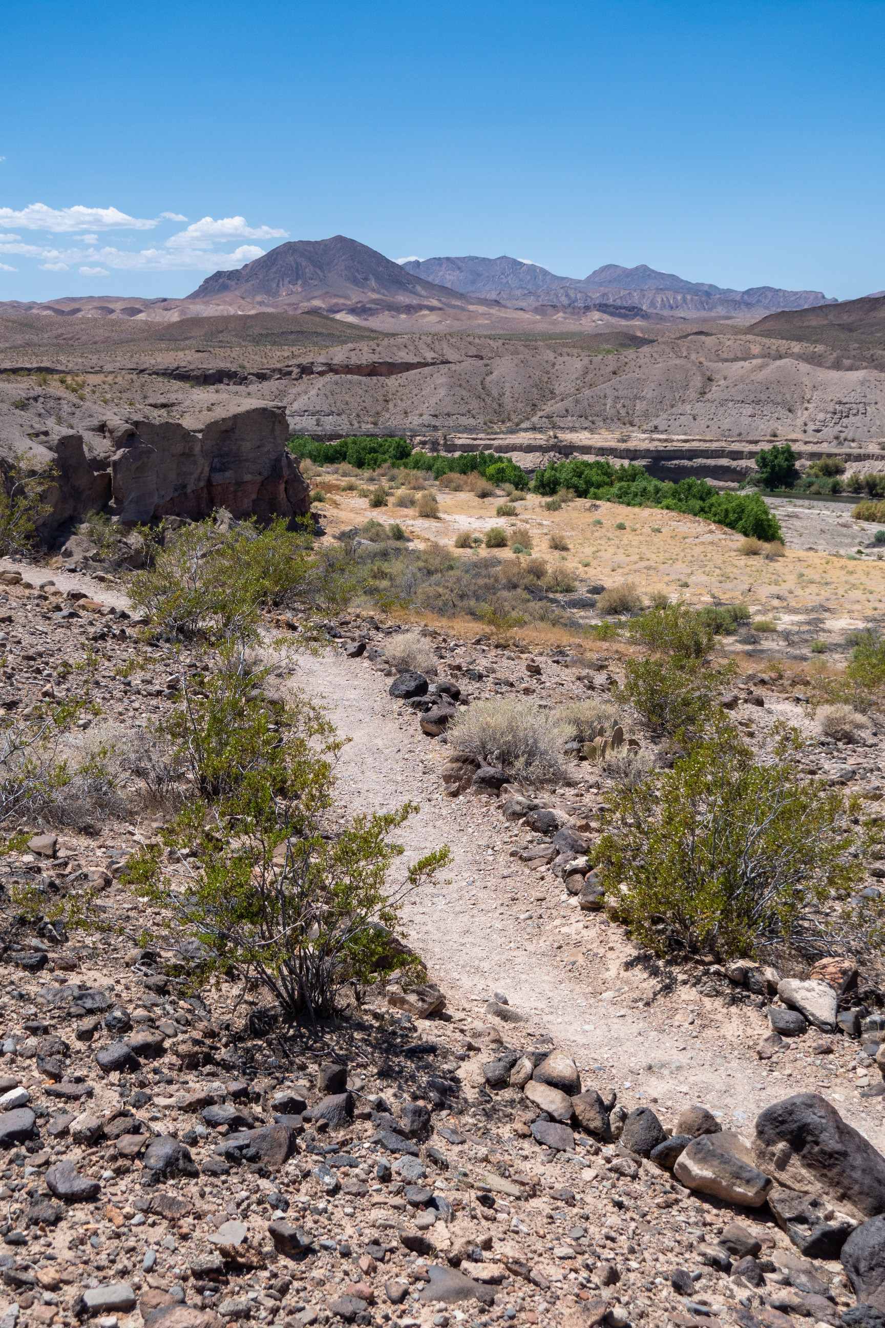 Rock lined trail leading into photo, trees in wash below, mountains in distance
