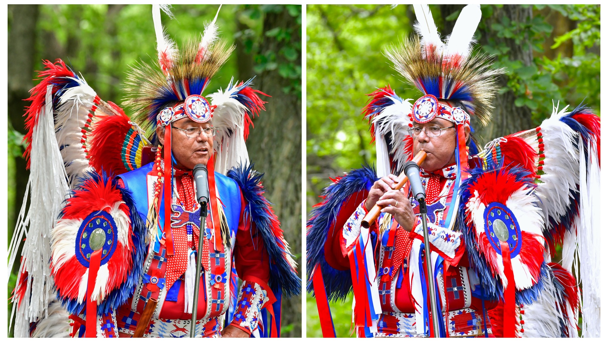 Collage of a man wearing brightly colored regalia, including bustles on his shoulders and back, a necktie, beads, and headdress. In the first image, he speaks into a microphone, and in the second, he plays a wooden flute. Predominant colors are red, white, and blue.