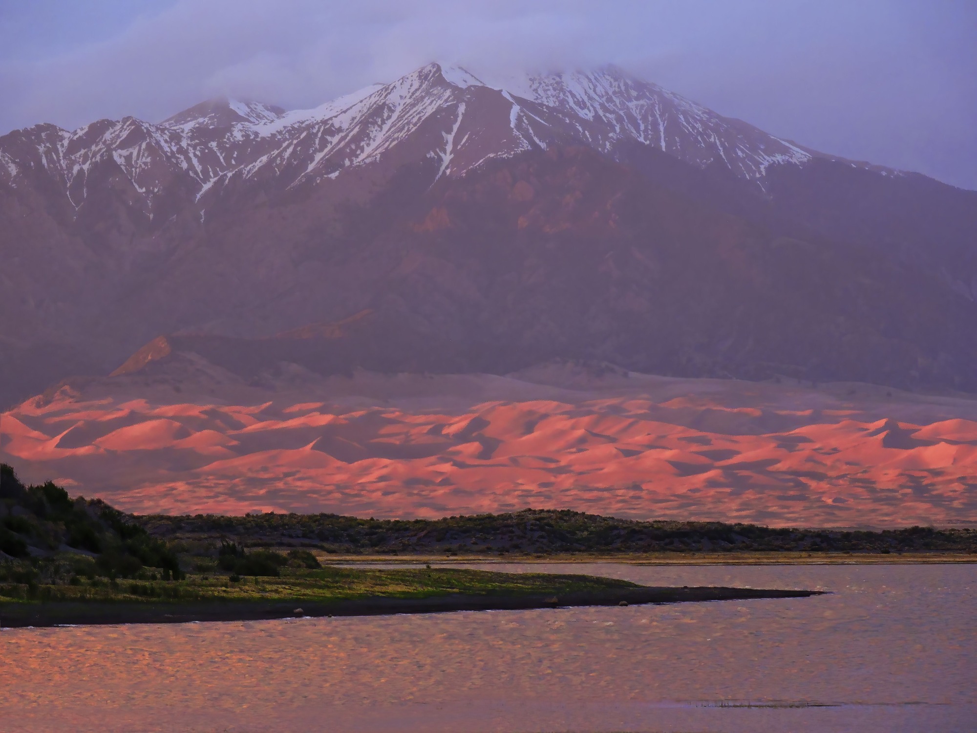 Pink Sunset Light on the Dunes and Snowy Mount Herard from San Luis Lake