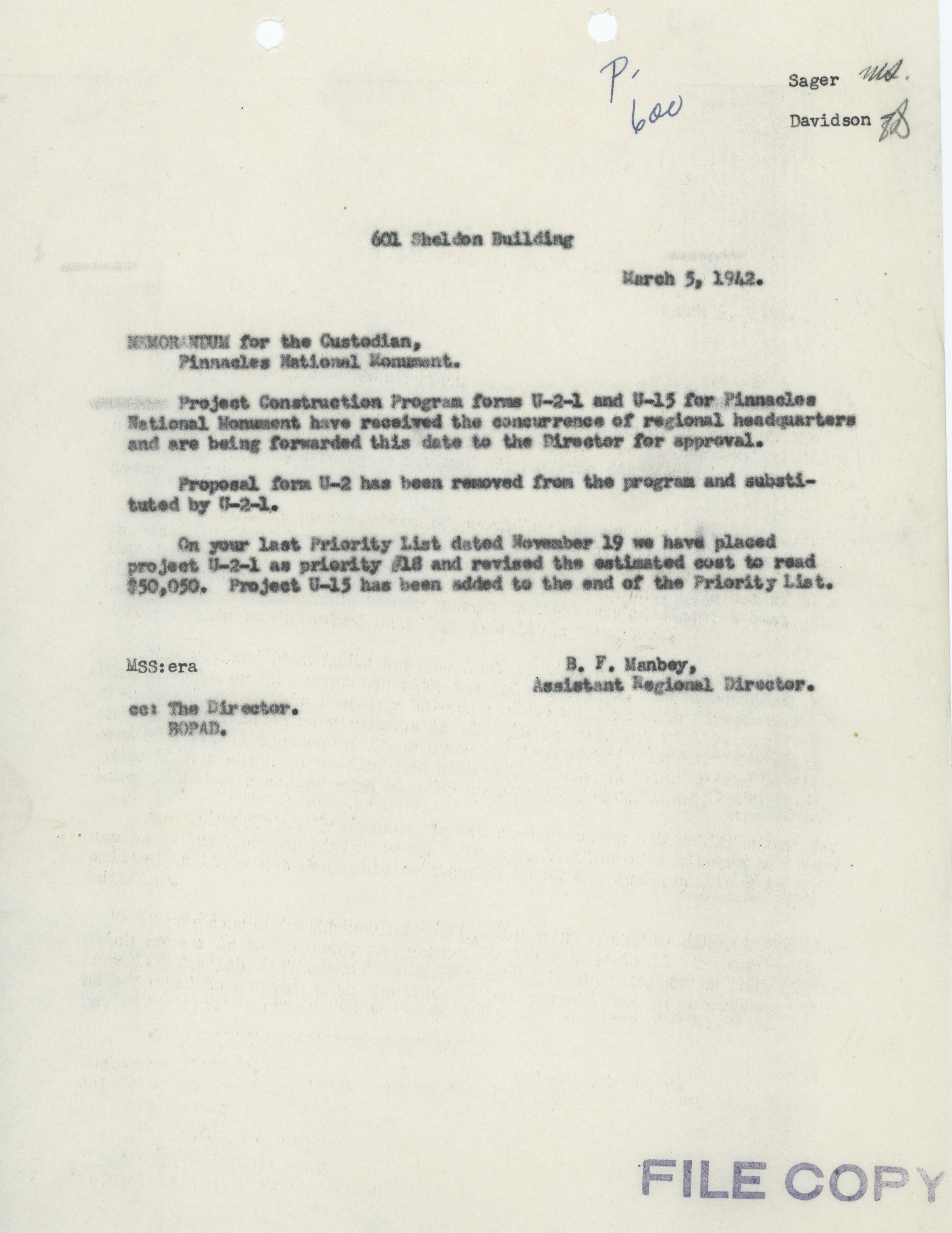 Project Construction Program Memorandum, Revised and Cancelled CCC Projects