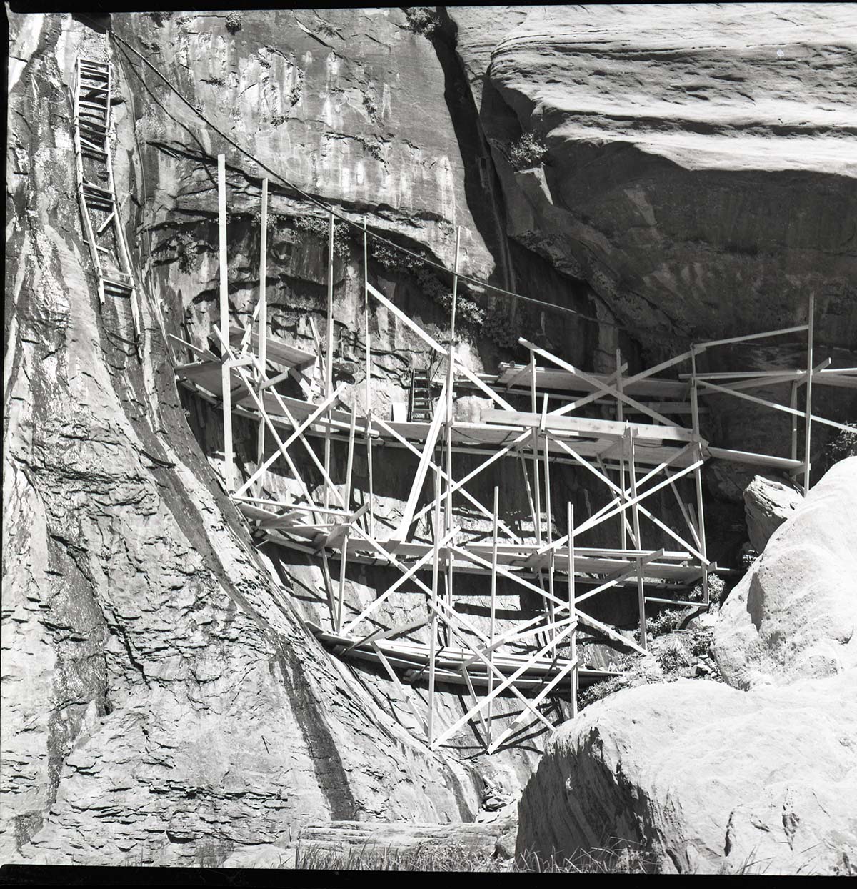 Wooden scaffolding used for upgrading of water system at Temple of Sinawava.