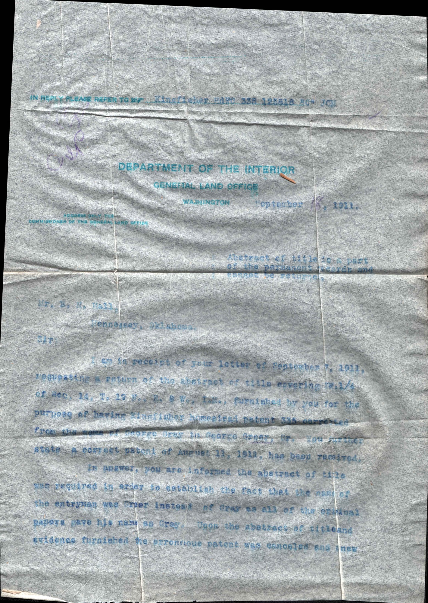 Transcribed text from the scan is found in the image description. Shadowing shows where the document was folded in four parts. Text is very faded faint blue, and paper is thin.