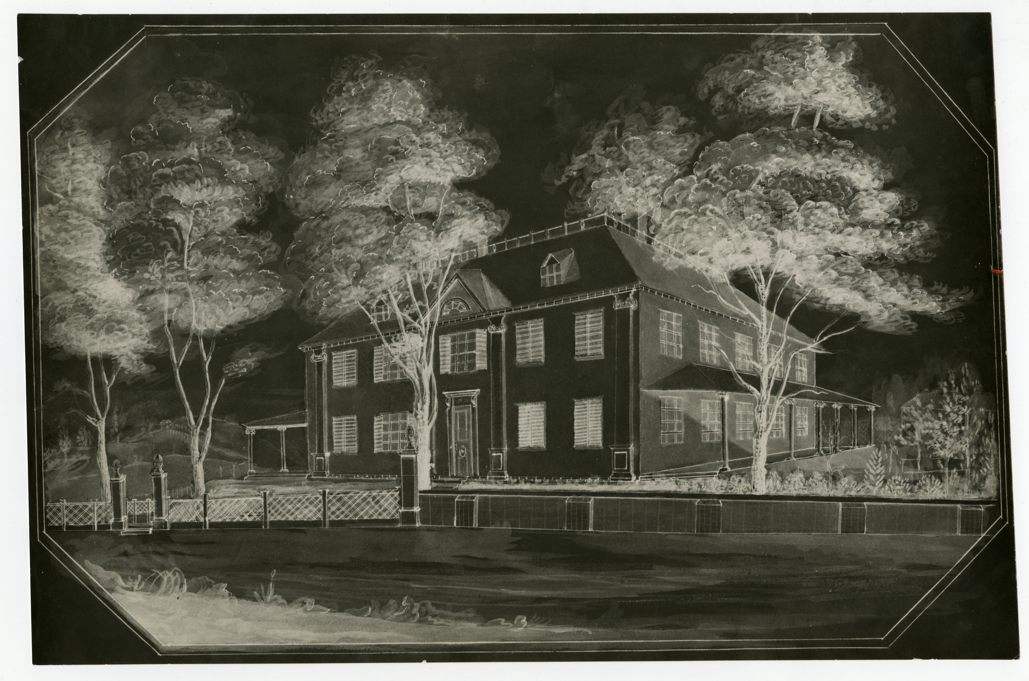 Negative of drawing of Georgian mansion.