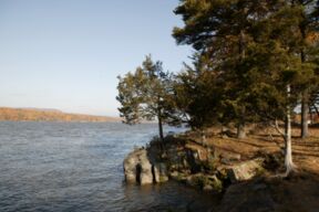 Rocky outcrop and white pine trees along the Hudson River looking north. Vibrant fall colors across the river.