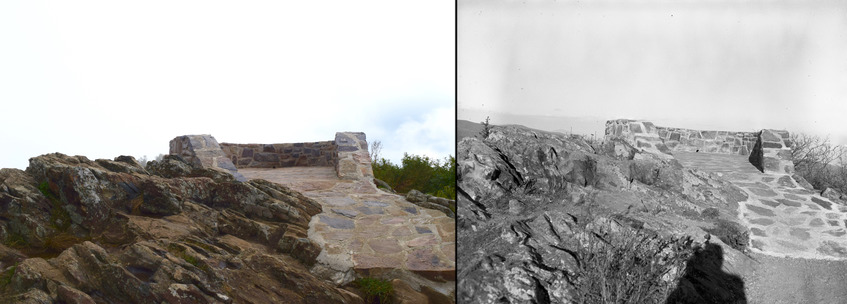 A side by side comparison of a black and white historical photograph and a modern color photograph. Each photograph shows a rounded stone platform with rocks surrounding it.