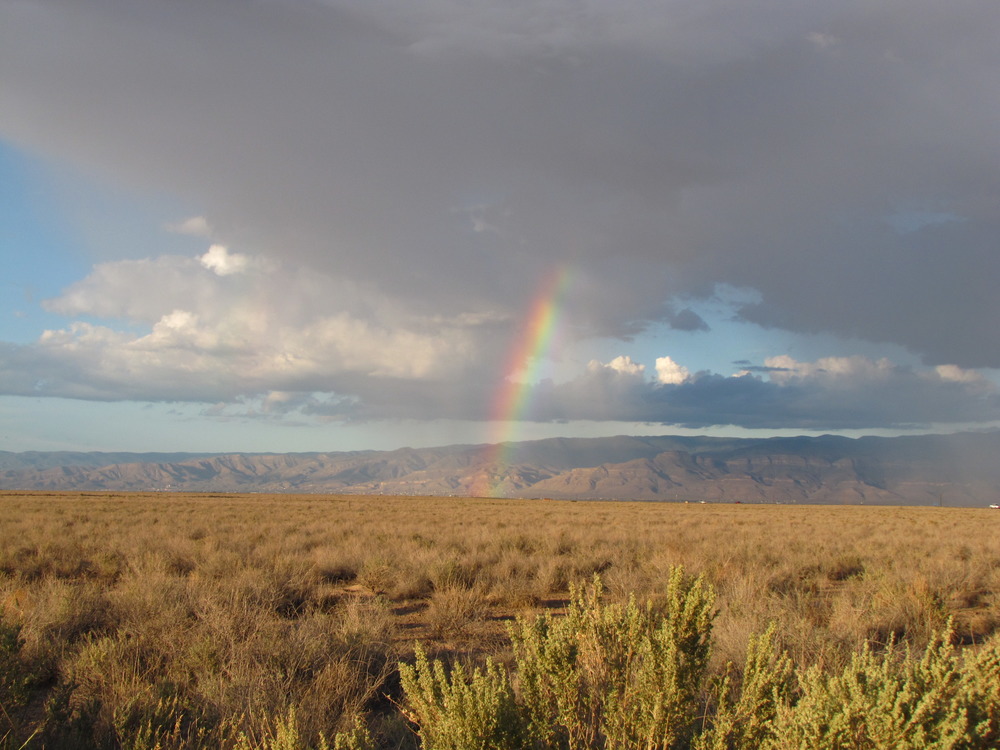 The end of a rainbow pierces through the bottom of gray clouds over a vegetated landscape. The Sacramento mountains rise over the landscape in the background. 