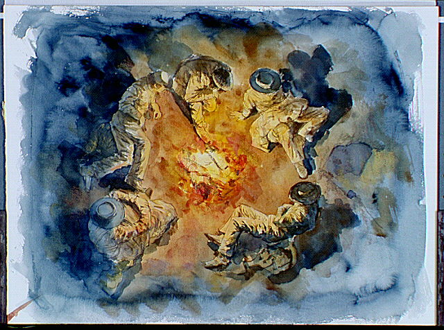 View from overhead of Confederate soldiers sitting beside campfire.