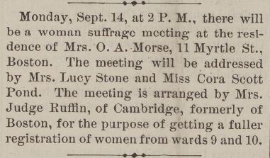 Clipping of the Woman's Journal about a suffrage meeting held in Beacon Hill, 1885.