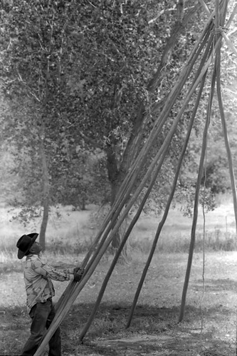 Clifford Jake demonstrating the building of a tipi at the second annual Folklife Festival, Zion National Park Nature Center, September 1978.