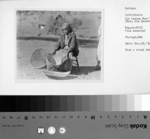Old Native American Mary (Mrs. Jim Leonard). Historical data.