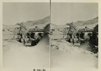 This is an historic black and white photograph from the Scotty's Castle Historic Photograph Collection, Death Valley National Park of planting full-size palm tree showing ingenuity of the installation. Laborers, trailer, and rigging. March 20, 1930. Photographed by Mat Roy Thompson.