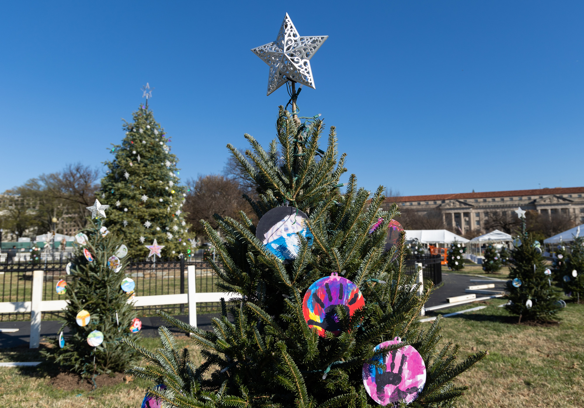 A small Christmas tree with large wooden ornaments with painted handprints in front of other small christmas trees. 