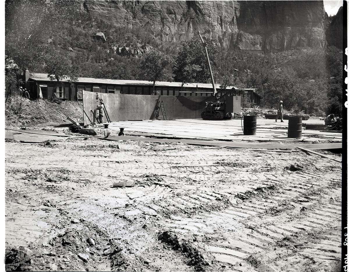 Construction of million gallon water tank at Birch Creek with the first four sections of wall of tank in place.