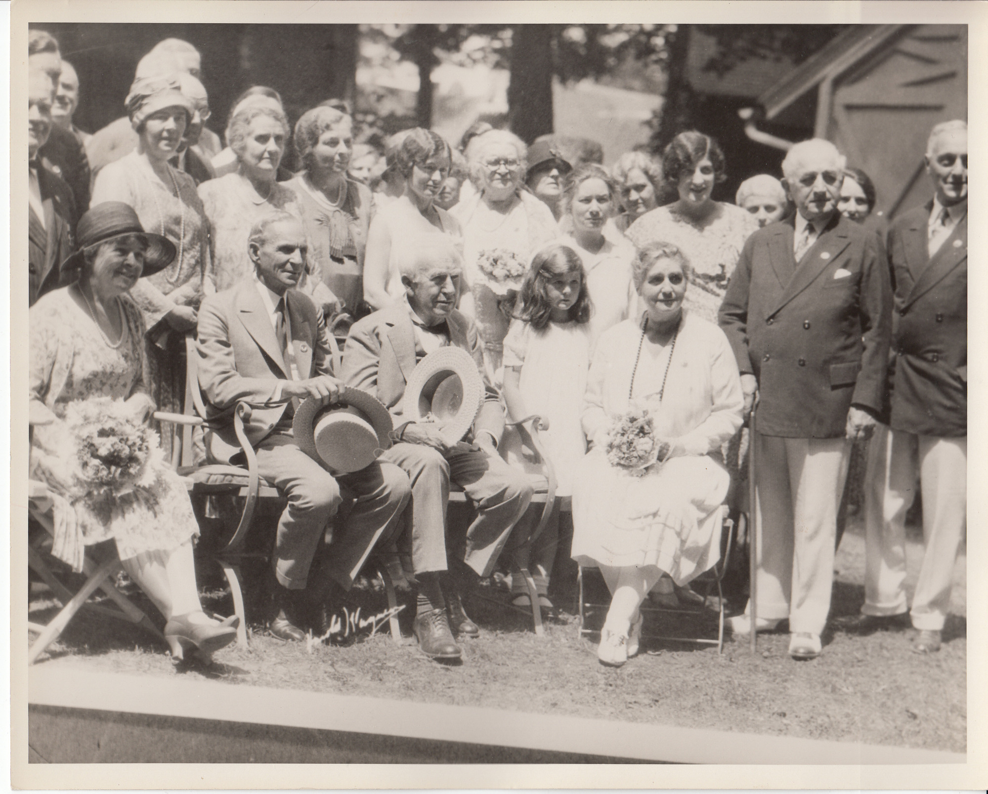Henry Ford, Thomas Edison, Mina Edison, Adolf Ochs, A. Beston, and others at a Miller family gathering.