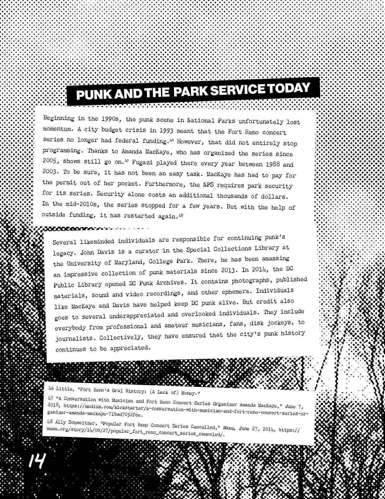 Black banner with white font reading “Punk and the Park Service Today.” White boxes with black typewriter font. Black and white stippled photograph of trees in the background.
