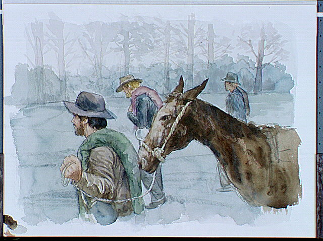 Group of three Confederate soldiers starting down muddy road. One shown holding reins of a scrawny mule.