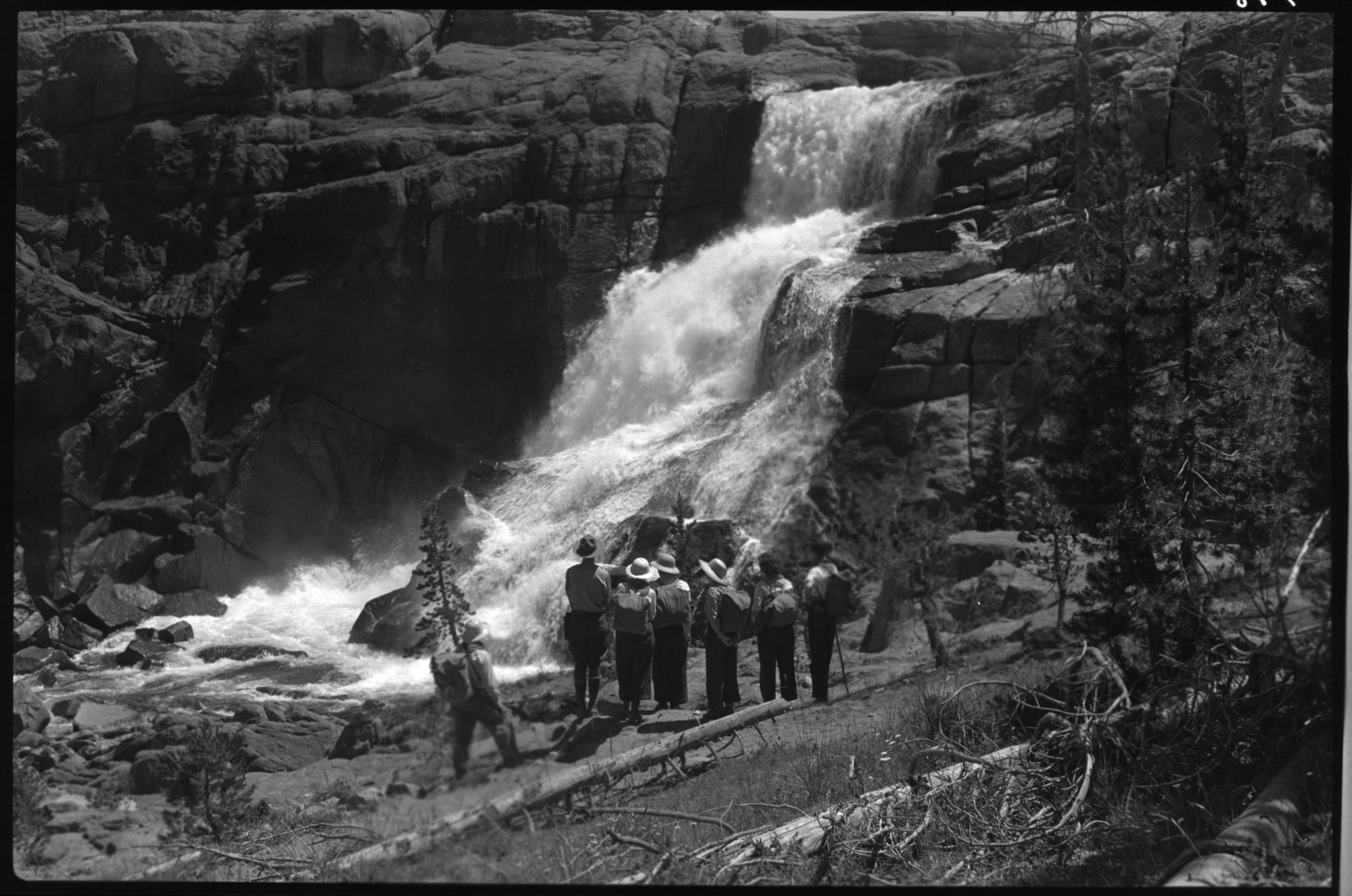 Seven-day hikers at Waterfall above Glen Aulin.