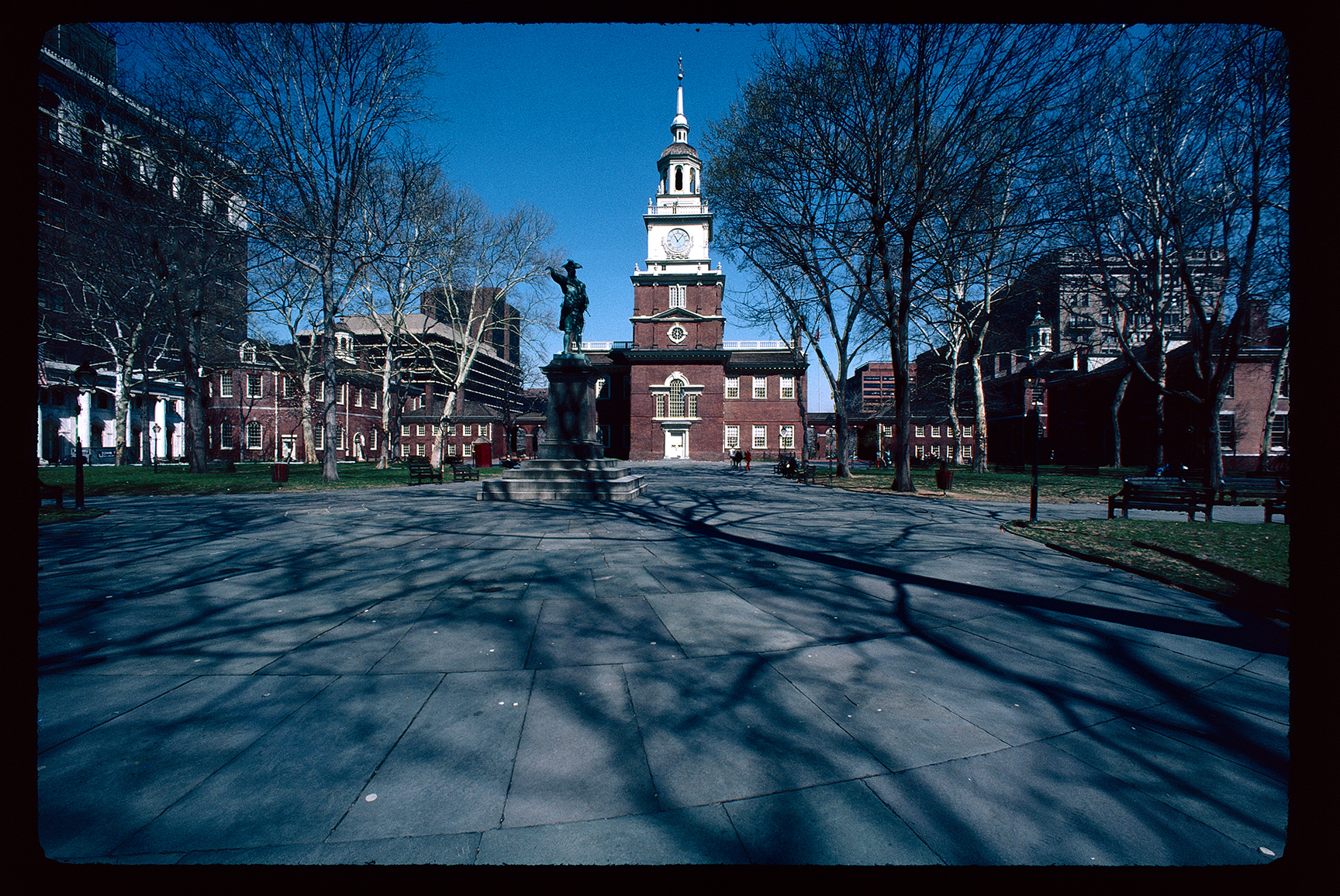 Independence Square. Looking northeast right of John Barry statue towards Independence Hall exterior. Tower clock, 11:05 AM.