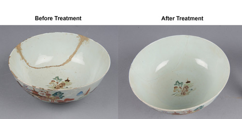a bowl with a brown glue repair along its side; next to it is the repaired bowl with the repair no longer visible