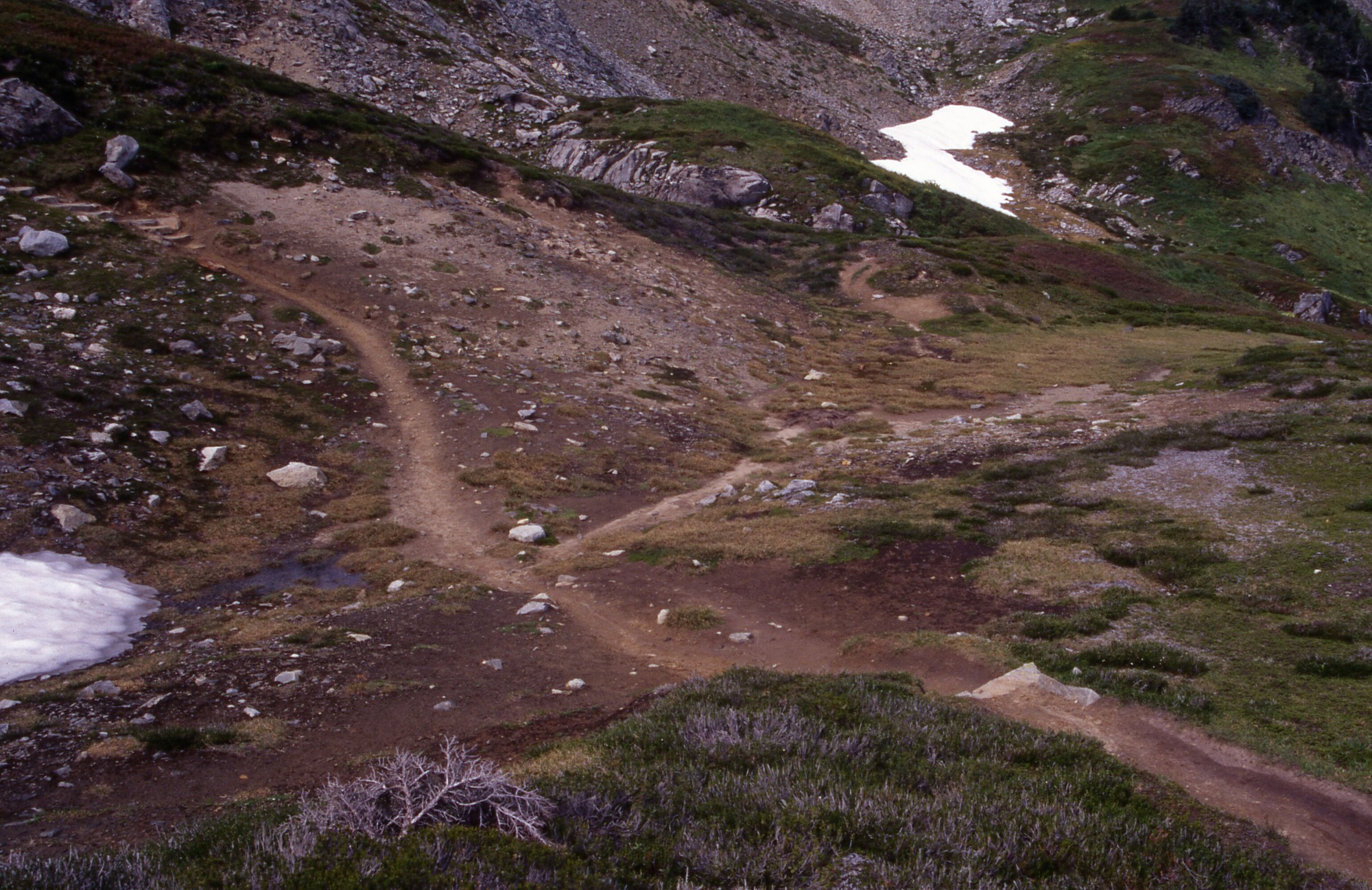 A large nearly bald patch of a meadow at the base of a rocky hill with an intersection of two trails at the bottom. In the distance are rocky mountain slopes with a snow melt at the bottom.