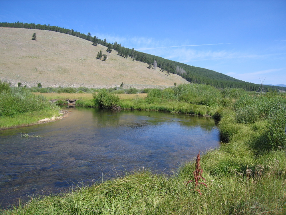 A shallow, clear river winds through a green plain, with a bare hill rising in the background.