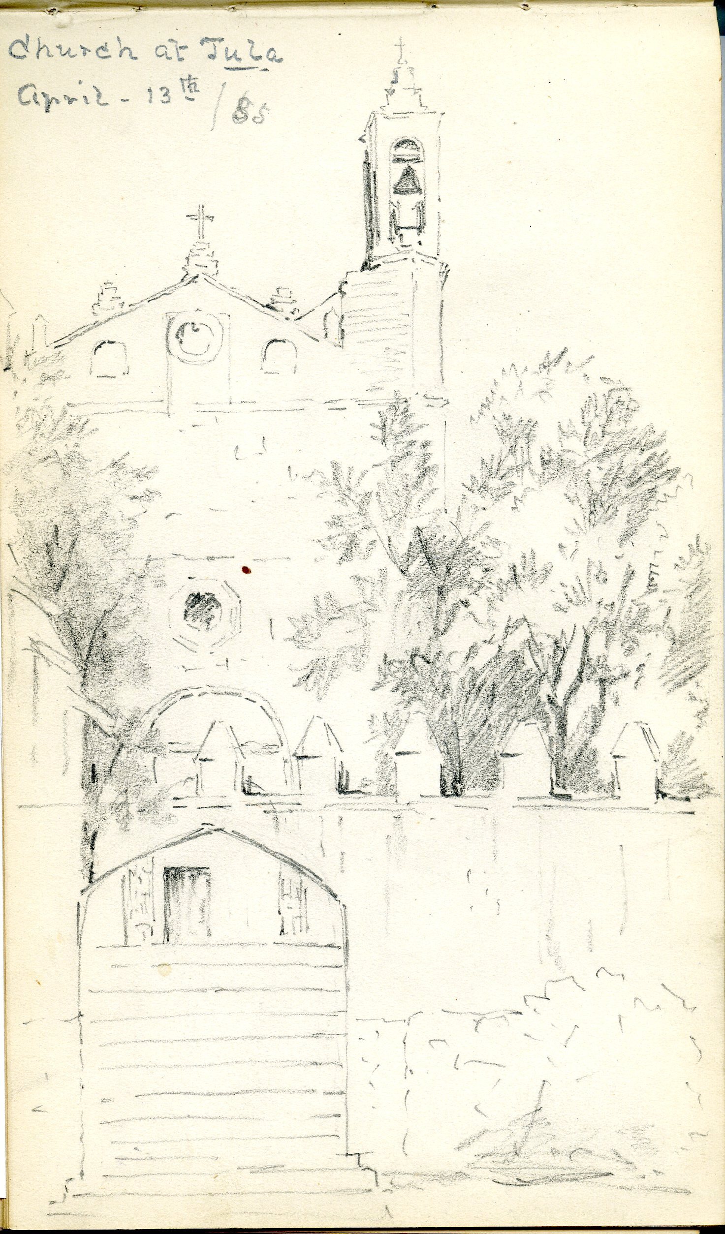 Sketch of church with bell tower behind walled enclosure.