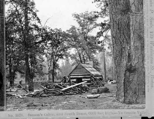 Copy Neg: July 1985 by Michael Dixon. Detail of stereograph from L. Smaus collection (RL-16,449). Caption: "No. 1076. Samon (sic) cabin and South Dome, 6000 feet high--Yosemite Valley." Lamon Cabin.