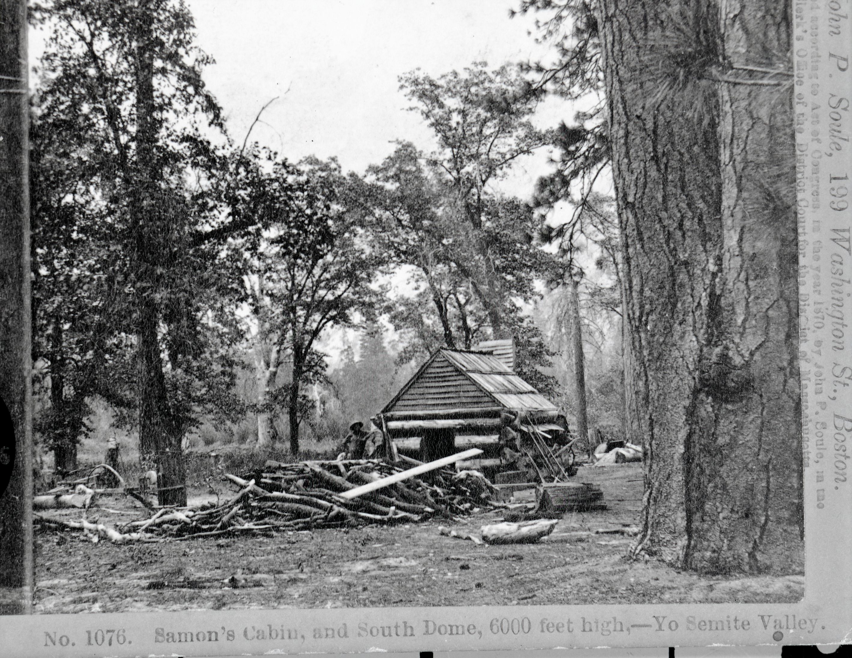 Copy Neg: July 1985 by Michael Dixon. Detail of stereograph from L. Smaus collection (RL-16,449). Caption: "No. 1076. Samon (sic) cabin and South Dome, 6000 feet high--Yosemite Valley." Lamon Cabin.