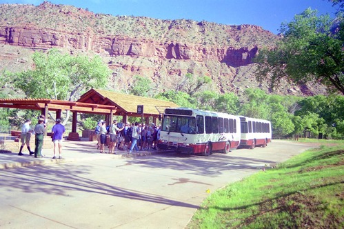 Color Photos of the official launch of the Zion shuttle system- same day as the new visitor center opening.