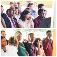 Two photo collage. In first photo, candidates are seated. In the bottom photo, candidates have their right hand raised as they take the final step toward US citizenship.