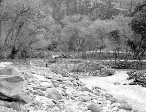 Flood damage repair - Zion Canyon, December 1966 flood. Between Birch Creek and Pine Creek on scenic drive. Damage repaired spring 1967.