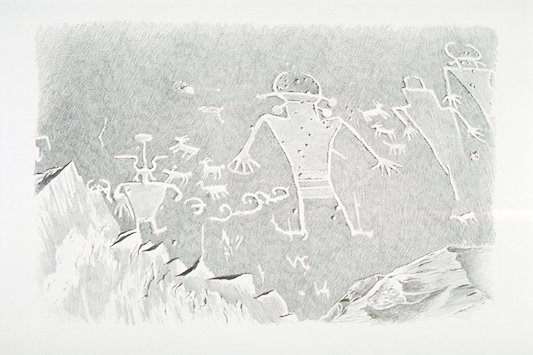 A portion of the prehistoric petroglyphs created by Native American Indians of the Fremont Culture depicts Bighorn sheep and human figures in headdresses.
