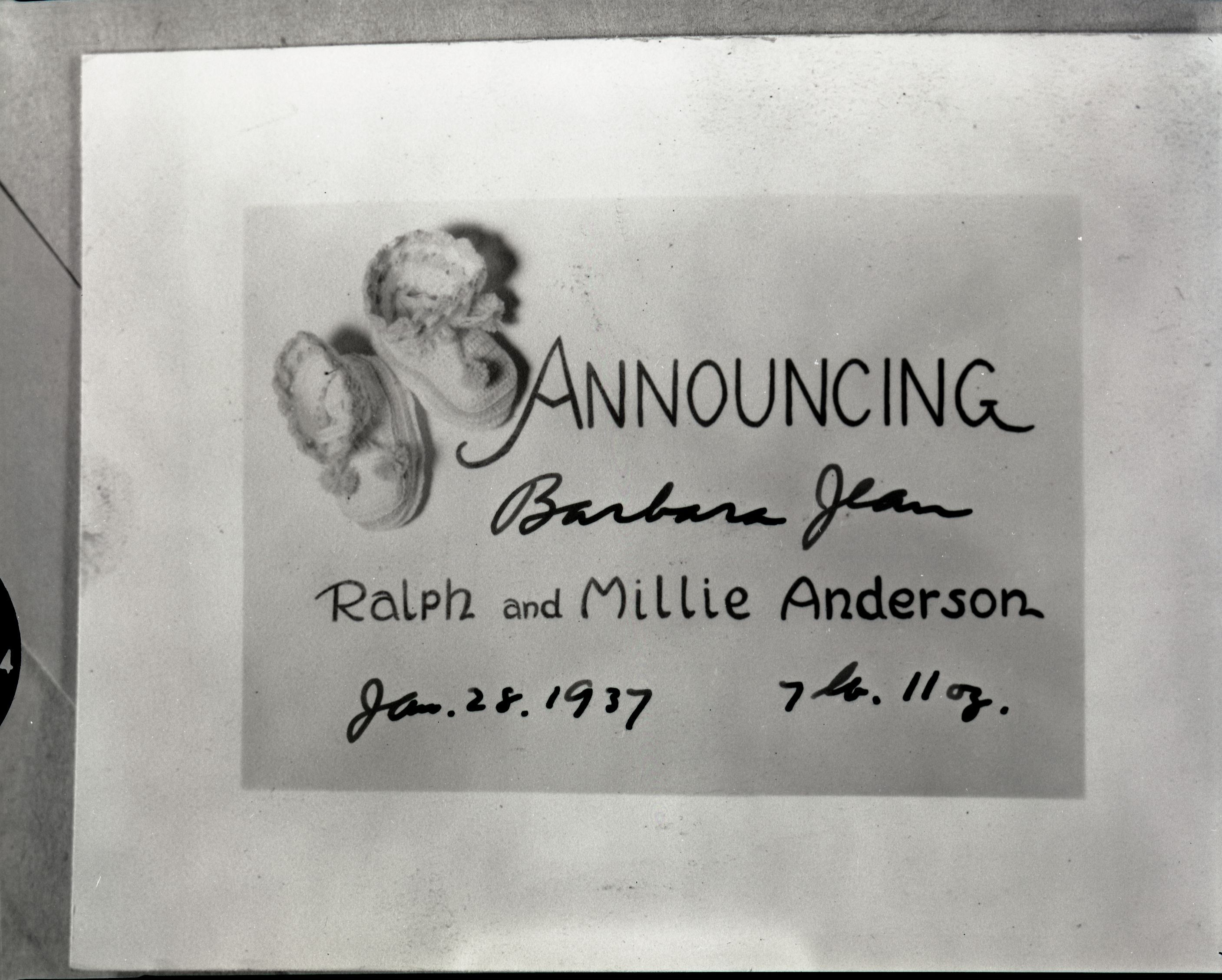 Birth announcement for Ralph & Millie Anderson's daugher. Copied from Art Holmes album (NPS employee). Copied September 1983 by Michael Dixon.