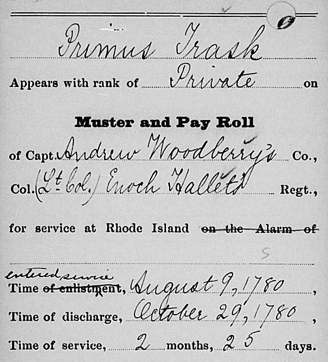 Scan of historical document stating Private Primus Trask's military service in Rhode Island.