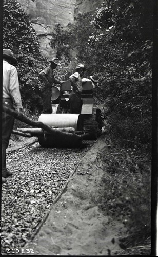 Narrows Trail construction- steering the roller around sharp curves.