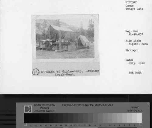 Scanned from insurance appraisal photo books taken prior to concession company merger. July 1923. #78 Kitchen of Girls Camp, looking South-West.